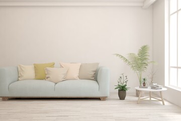 Modern living room in white color with sofa. Scandinavian interior design. 3D illustration