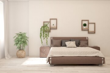 White bedroom interior. Scandinavian design. 3D illustration