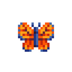 Butterfly pixel art style icon isolated vector illustration, element design for stickers, logo, embroidery, mobile app. Video game assets 8-bit sprite. 
