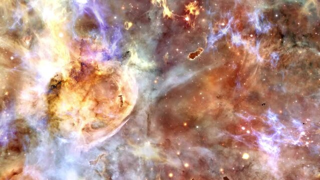 Space flight to Carina nebula in Deep Space, 4K 3D outer space animation with flying star field in to flare light at center. Video for productions, education or science projects.