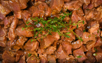 Recipe preparation pork with honey for bbq kebab in a dish, High quality photo