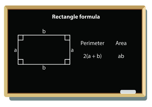 Area and perimeter of a rectangle for mathematical representations. Geometric figures on black school board vector background. 