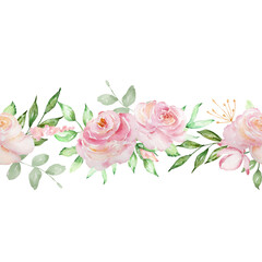 Watercolor seamless border of delicate pink roses