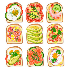Delicious breakfast. Healthy eating concept. Various toast. Fried and steamed eggs, fish, salmon, avocado slices, sweet berries, butter, cream cheese. Color vector set