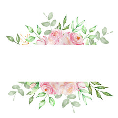Watercolor frame banner of delicate pink roses