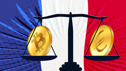 Gold coin of Bitcoin BTC and Euro EUR on scales and colored flag of France on background. Central Bank of France adopts laws on digital assets CBDC.