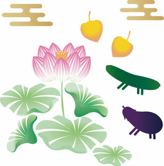 お盆　おぼん　シルエット　切絵　飾り　蓮　花　夏　7月　8月　和柄　シンプル　イラスト素材セット