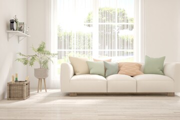 Minimalist living room in white color with sofa and summer landscape in window. Scandinavian interior design. 3D illustration