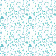 kawaii teeth pattern hand drawn in doodle style. cute linear simple illustrations.