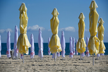 Sandy beach near Grand Hotel, Sopot, Baltic Sea, Tri-City metropolitan area, Pomerania, Poland, Europe - obrazy, fototapety, plakaty