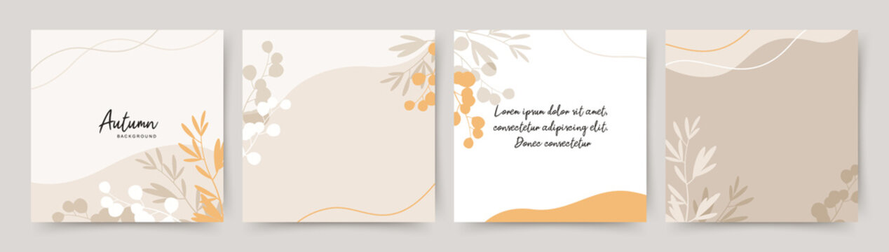 Autumn pastel beige orange square backgrounds with simple leaves. Minimalistic style with floral elements. Vector template for card, banner, invitation, social media post, poster, mobile apps, web ads