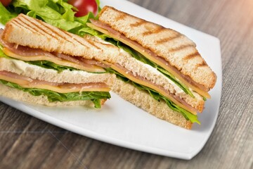 Healthy, natural breakfast or brunch. Serving of sandwiches with bread and vegetables