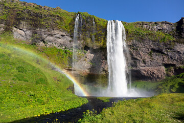 Obraz premium Beautiful Seljalandsfoss waterfall and rainbow in Iceland, icelandic summer nature and river landscape 