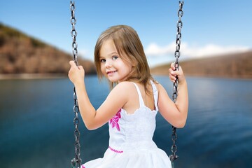 Traveler girl relaxing on swing above sea beach, Leisure tourist travel summer holiday vacation...