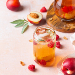 Peach raspberry iced tea, summer refreshing drink, beverage, cocktail
