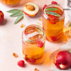 Peach raspberry iced tea, summer refreshing drink, beverage, cocktail