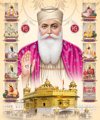 Dus Guru, Guru Nanak, Golden Temple, Digital Wall Poster - obrazy, fototapety, plakaty
