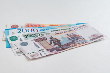 Russian rubles background. Money background and texture. Banknotes of different denominations