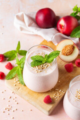 Peach raspberry smoothie, summer refreshing drink, beverage 