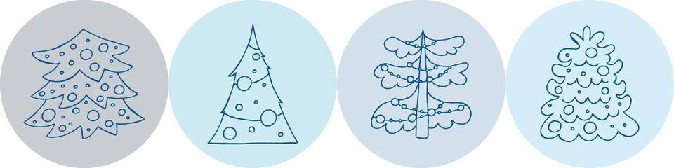 A set of hand-drawn christmas trees. Vector illustration in doodle style. Winter mood. Hello 2023. Merry Christmas and Happy New Year. Blue elements on a blue background.