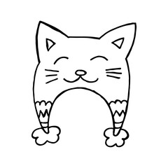 A hand-drawn winter clothing. Vector illustration in doodle style. Winter mood. Hello 2023. Merry Christmas and Happy New Year. Black hat with ornament, pompon and cat ears on a white background.