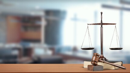Legal and law concept. Scales of justice and wooden judge gavel on a table.