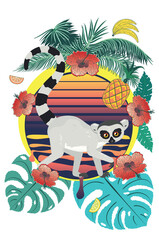 Obraz na płótnie Canvas Lemur with tropical leaves and fruits
