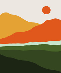 abstact wavy shapes mountain and hills landscapes, vector illustration scenery in earthy and terracotta color palette 