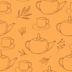 cups, teapot and leaves seamless pattern. hand drawn doodle. wallpaper, tablecloth, menu, wrapping paper, textiles, fabric. vector, scandinavian, nordic. dishes, kitchen, tea, coffee, drinks.