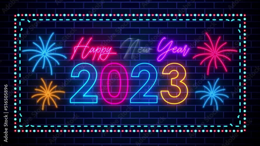 Poster blue colorful happy new year 2023 text reveal fireworks lines glowing neon light flickering on art r