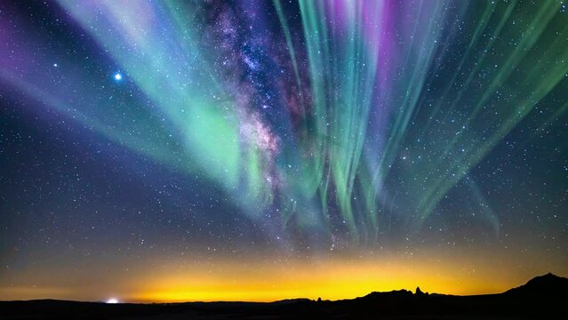 Aurora Green Purple and Milky Way Galaxy Over Horizon South Tilt Down