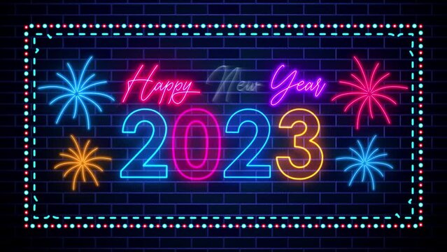 Blue Colorful Happy New Year 2023 Text Reveal Fireworks Lines Glowing Neon Light Flickering On Art Rectangle Dotted Dashed Border Frame Rotating On Dark Brick Wall Background Separated Loopable