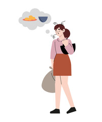 Business person on the way home from shopping who is hungry while thinking about menus with a tired expression. Flat drawn style vector design illustrations.