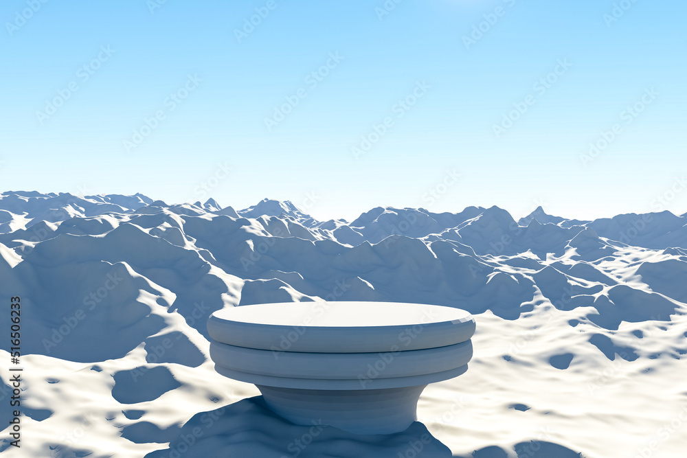 Poster platform and natural podium on the snow mountain with sky and cloud backdrop for product display. la