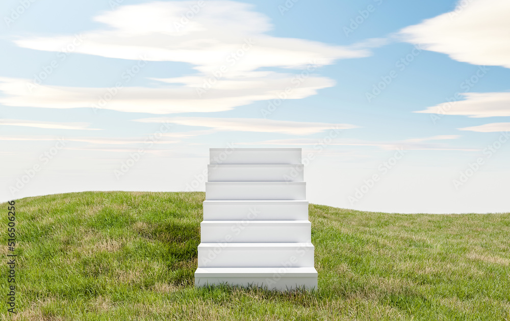 Poster platform and natural podium stair backdrop with grass field and sky cloud background for product dis