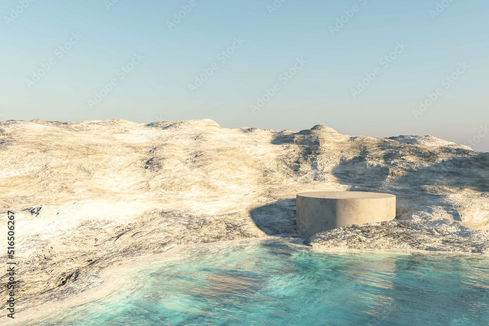 Poster platform and natural podium on the low mountain with sky and lake backdrop for product display. land