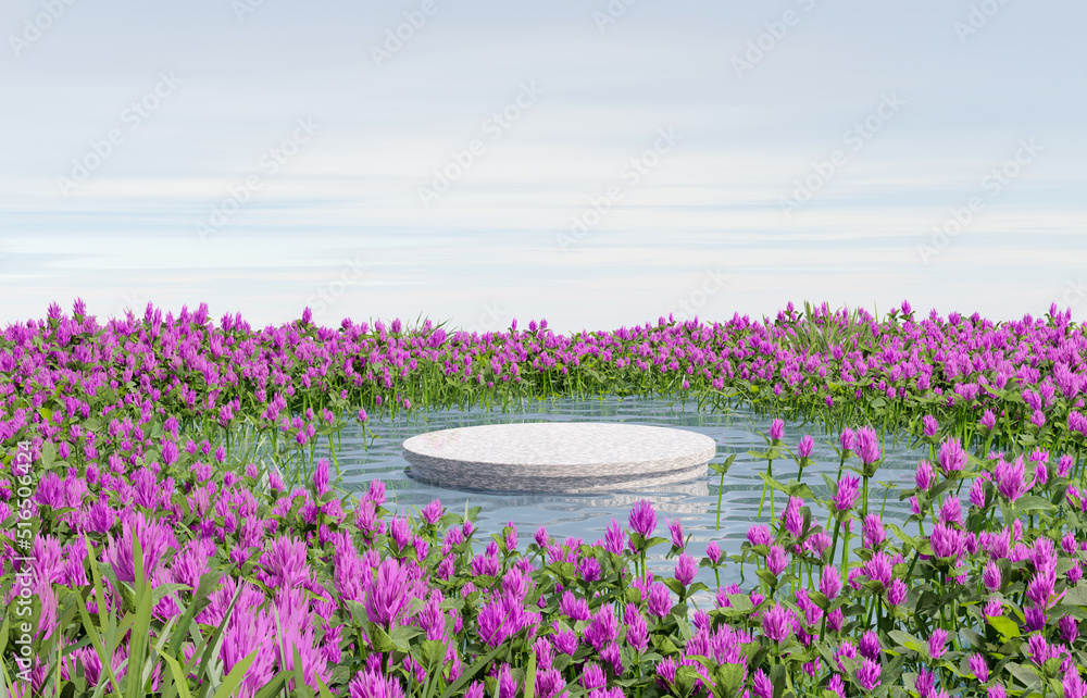 Poster platform and beauty natural podium on the lake with violet bloom flowers backdrop sky and cloud for 