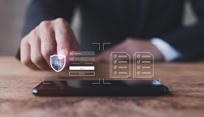 Cyber security, Business working on a smartphone to document management online documentation...