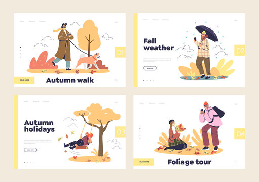 Autumn walk in park and fall weather concept of landing pages set with people enjoy autumn holidays