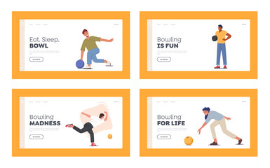 Characters Playing Bowling Landing Page Template Set. Young Men and Women Throw Ball on Lane, People Leisure Active Life