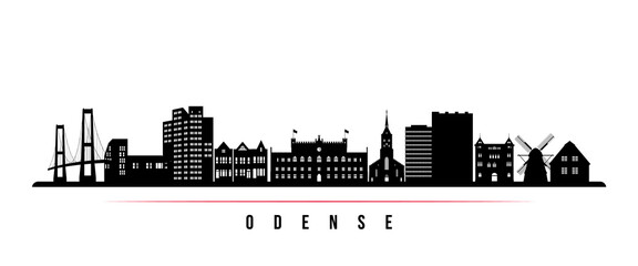 Odense skyline horizontal banner. Black and white silhouette of Odense, Denmark. Vector template for your design.