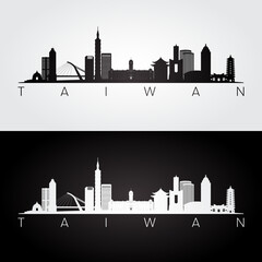 Obraz premium Taiwan skyline and landmarks silhouette, black and white design, vector illustration.