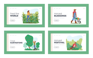 Characters Harvesting Landing Page Template Set. Gardeners Collecting Fruits and Vegetables Crop, Farm Production
