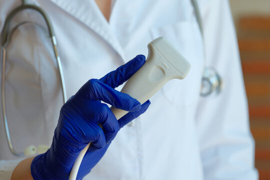 Doctor Sonographer In Medical Gown Showing Ultrasound Probe