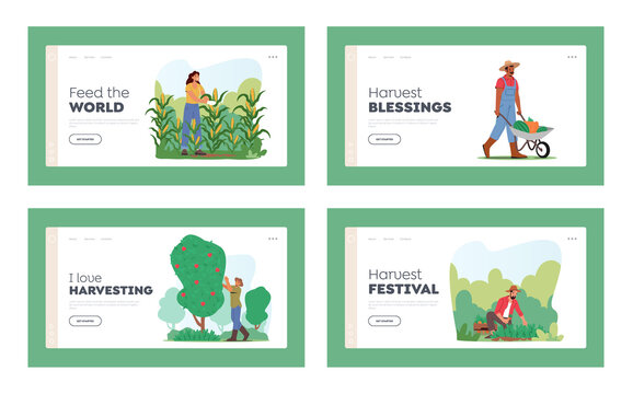 Characters Harvesting Landing Page Template Set. Gardeners Collecting Fruits and Vegetables Crop, Farm Production