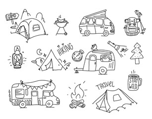 Hand drawn hiking illustration. Camping outdoor doodle set. Wild adventure equipment. Navigation and camp cartoon simple vector collection.