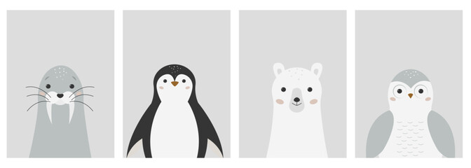 Cute portraits of Arctic animals. Cartoon walrus, polar bear, polar owl and penguin. Wall art nursery. Set baby posters. Hand drawn kids print. Minimalistic Scandinavian design