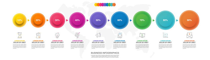 Modern and simple flat vector illustration. Infographic template with nine circles, elements, sectors and arrows. Designed for business, presentations, web design, interface 9 step diagrams