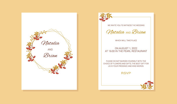 autumn wedding invitation with a frame and decorated with mountain ash branches