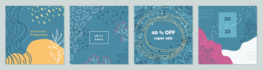 Trendy abstract art templates. Square banners for invitations, holiday posts, promotions. Christmas vector posters